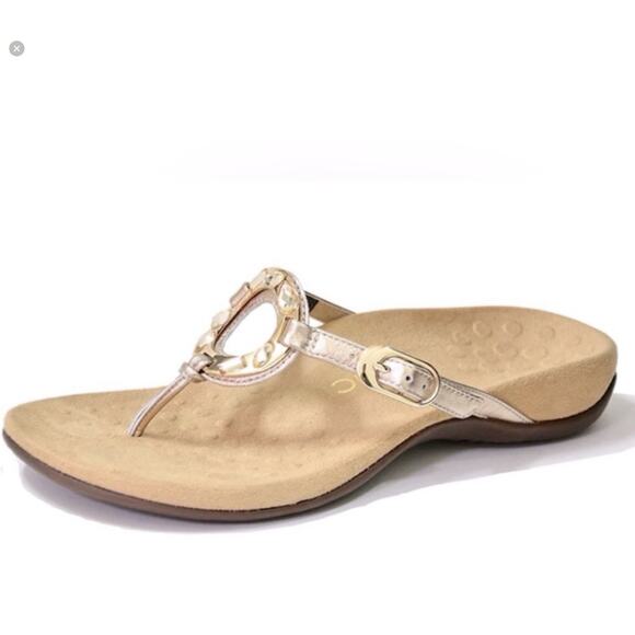 Vionic Shoes - Vionic Size 10 Ricci Sandals Gold Metallic Jeweled Flip Flop Orthotic Leather